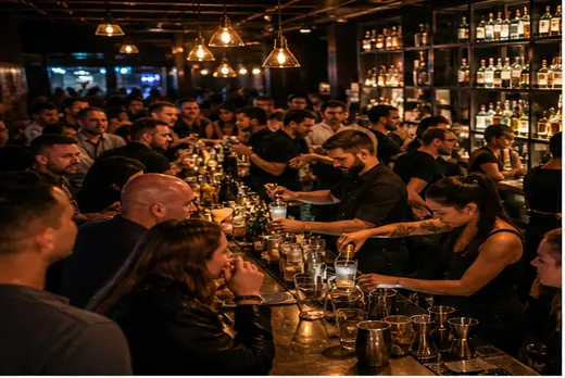 Packed high-volume bar with bartenders serving a busy rail
