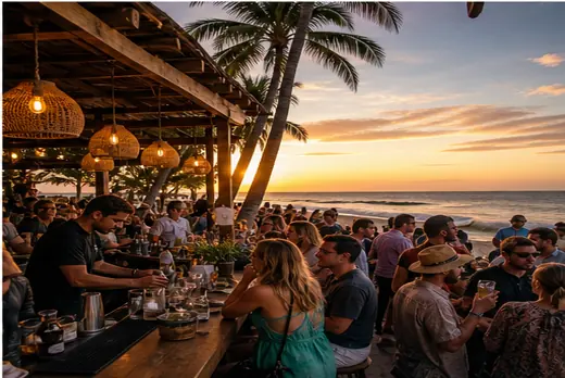 Beach bar with coastal outdoor crowd and sunset service