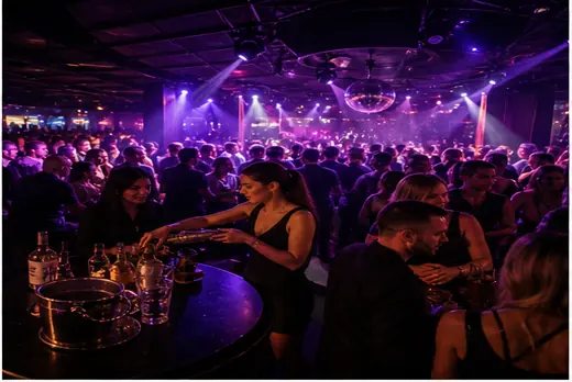 Packed nightclub with purple lights and bar service