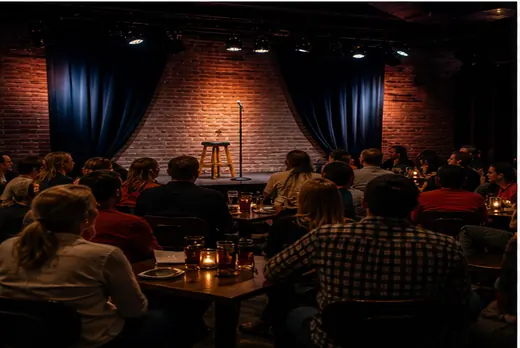 Comedy club with stage, tables, and seated guests