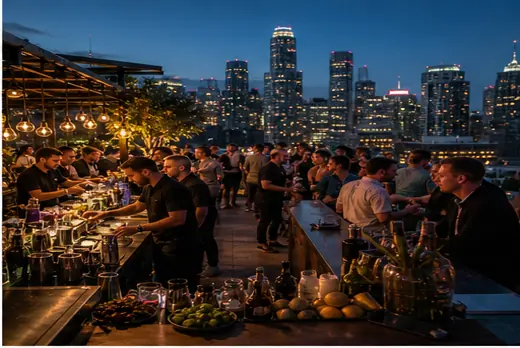 Busy rooftop bar with city views and high-volume service