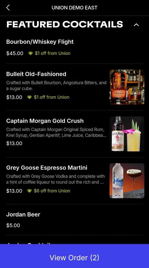 Union guest-led mobile menu with featured cocktails and Union offer credits
