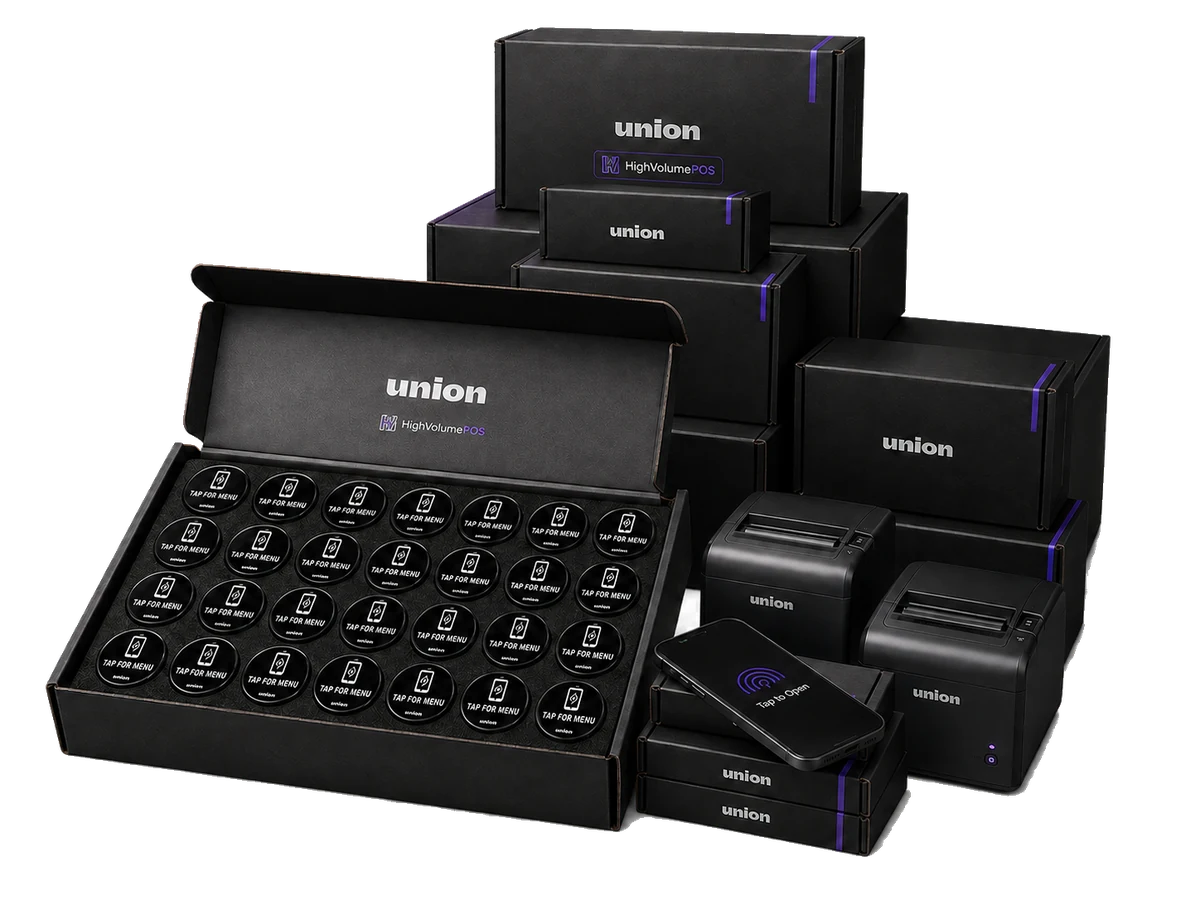 Union hardware kit with tap pucks, printers, phone, and branded boxes